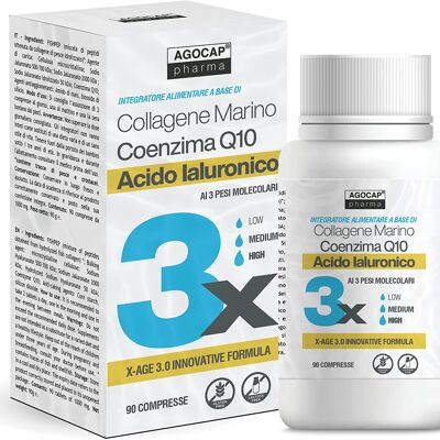 X-Age Integratore antiage a base di Acido Ialuronico  ai tre pesi molecolari, Collagene Marino Idrolizzato e Coenzima Q10