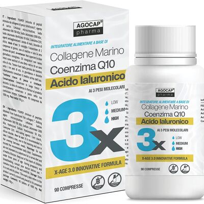 X-Age Suplemento antiedad a base de Ácido Hialurónico de tres pesos moleculares, Colágeno Marino Hidrolizado y Coenzima Q10