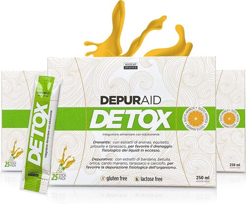 Depuraid Detox, Drenante Forte Dimagrante, Depurativo Antiossidante | 25 Stick Pack Monodose, Gusto Arancia | Elimina le Tossine del Fegato | Riduce ritenzione idrica e inestetismi della cellulite