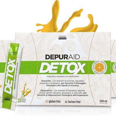 Depuraid Detox, stark abnehmend entwässernd, antioxidativ entschlackend | 25 Einzeldosis-Stickpackung, Orangengeschmack | Beseitigen Sie Lebergifte | Reduziert Wassereinlagerungen und Cellulite-Unreinheiten