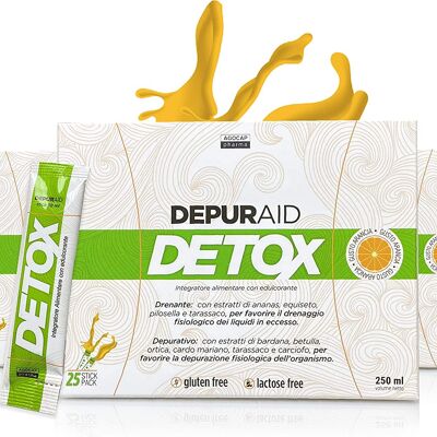 Depuraid Detox, Drainant Minceur Fort, Dépuratif Antioxydant | 25 Sticks Unidoses Saveur Orange | Éliminer les toxines du foie | Réduit la rétention d'eau et les imperfections de la cellulite