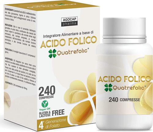 Acido Folico Quatrefolic, 240 compresse di Acido Folico in forma Biologicamente Attiva, assorbimento fino a tre volte maggiore per Gravidanza e Fertilità, Riduce l'affaticamento. Fornitura per 8 MESI