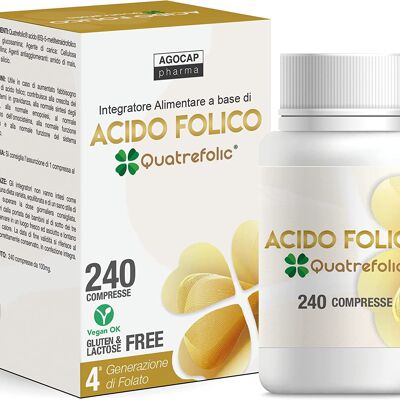 Ácido Fólico Quatrefolic, 240 tabletas de Ácido Fólico en forma Biológicamente Activa, hasta tres veces mayor absorción para Embarazo y Fertilidad, Reduce la fatiga. Suministro para 8 MESES