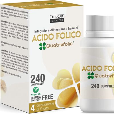 Acido Folico Quatrefolic, 240 compresse di Acido Folico in forma Biologicamente Attiva, assorbimento fino a tre volte maggiore per Gravidanza e Fertilità, Riduce l'affaticamento. Fornitura per 8 MESI