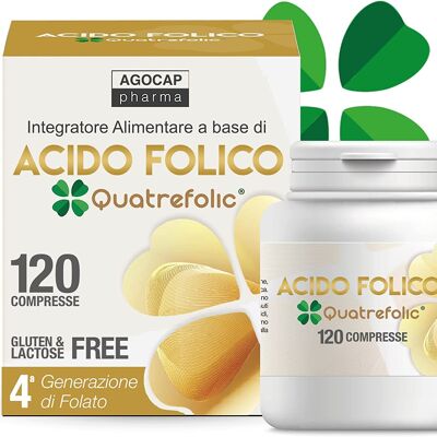 Acido Folico Quatrefolic,120 compresse di Acido Folico in forma Biologicamente Attiva, assorbimento fino a tre volte maggiore | per Gravidanza e Fertilità donna, Riduce l'affaticamento | Agocap Pharma