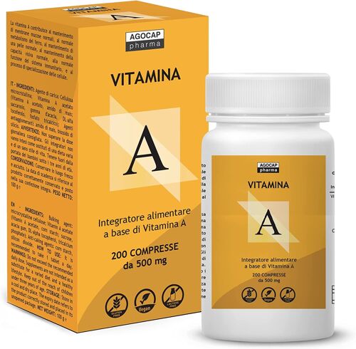Vitamina A pura, 200 compresse ad alto dosaggio | 1200mcg per compressa di Vitamina A, 4000ui ad alta biodisponibilità | Agocap, Integratore Vitamina A, fatto in Italia