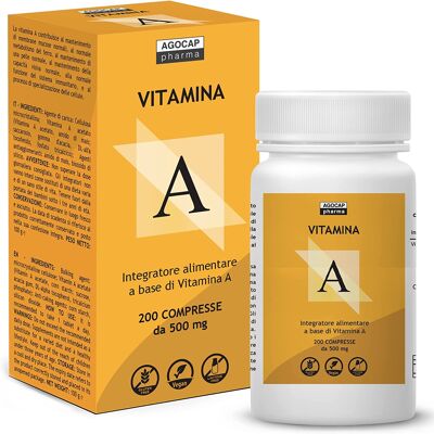 Vitamine A pure, 200 comprimés à haute dose | 1200mcg par comprimé de vitamine A, 4000ui à haute biodisponibilité | Agocap, supplément de vitamine A, fabriqué en Italie