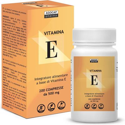 Vitamine E, 200 comprimés | Fabriqué en Italie, dosage élevé | Vitamine E pure, dose maximale autorisée par la loi italienne | Agocap, supplément de vitamine e, tocophérol pur