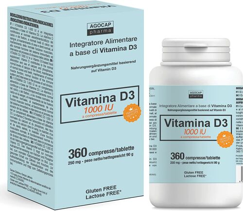 VITAMINA D3 1000 ui, 360 Compresse GLUTEN FREE ad Elevata Concentrazione, fornitura di vitamina D per un anno, Integratori vitamina d, Agocap - made in italy