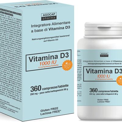 VITAMIN D3 1000 ui, 360 Hochkonzentrierte GLUTENFREIE Tabletten, Vitamin-D-Vorrat für ein Jahr, Vitamin-D-Ergänzungen, Agocap - hergestellt in Italien