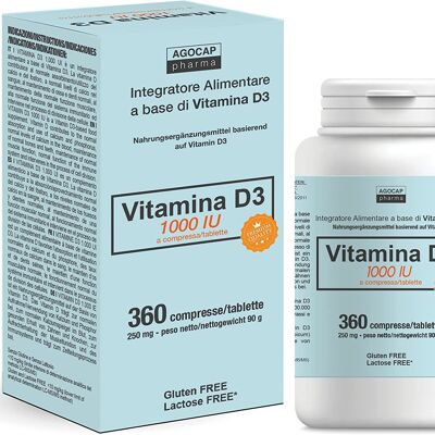 VITAMIN D3 1000 ui, 360 tabletas de alta concentración SIN GLUTEN, suministro de vitamina D para un año, suplementos de vitamina d, Agocap - hecho en Italia