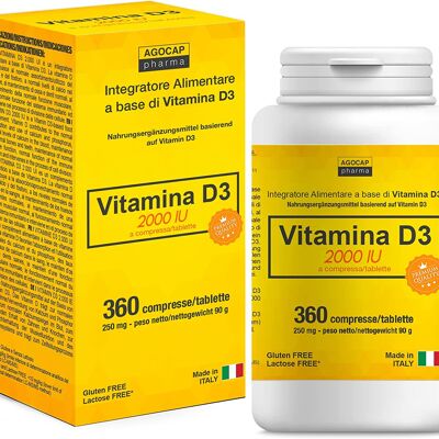 VITAMIN D3 in hoher Dosierung | Vitamin D 2000 IE pro Tablette | 360 TABLETTEN, Vorrat für 1 Jahr | VITAMIN D | HERGESTELLT IN ITALIEN | Vitamin D | Vitamin-D-Ergänzungen, Agocap | Formel 1 pro Tag