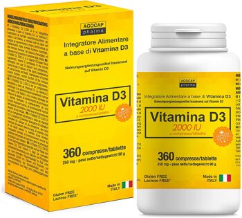 VITAMINE D3 à haute dose | vitamine d 2000 UI par comprimé | 360 COMPRIMÉS, 1 an d'approvisionnement | VITAMINE D | FABRIQUE EN ITALIE | Vitamine D | Suppléments de vitamine d, Agocap | Formule 1 par jour 1