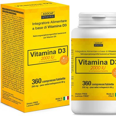 VITAMIN D3 in hoher Dosierung | Vitamin D 2000 IE pro Tablette | 360 TABLETTEN, Vorrat für 1 Jahr | VITAMIN D | HERGESTELLT IN ITALIEN | Vitamin D | Vitamin-D-Ergänzungen, Agocap | Formel 1 pro Tag