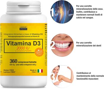 VITAMINE D3 à haute dose | vitamine d 2000 UI par comprimé | 360 COMPRIMÉS, 1 an d'approvisionnement | VITAMINE D | FABRIQUE EN ITALIE | Vitamine D | Suppléments de vitamine d, Agocap | Formule 1 par jour 3