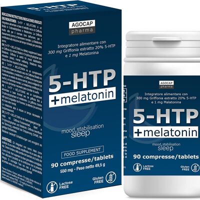 5-HTP y Melatonina, Promueve el buen humor y el sueño | 90 comprimidos, 300 mg de Griffonia Titulado al 20%, 1 mg de Melatonina | Productos para el sueño, Apoyo al estado de ánimo | Agocap, Griffonia Fuerte