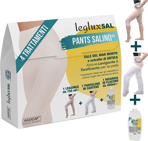 Pants Salino drenante e anticellulite con Sale del Mar Morto, 4 TRATTAMENTI | Include: Un Pants Imbibito con 150ml di liquido drenante, Una Ricarica da 450ml, Un Pantalone In Cartene riducente. Agocap