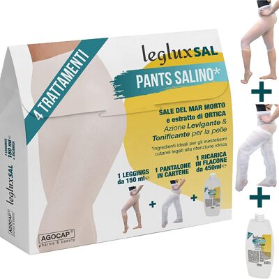 Saline draining and anti-cellulite Pants with Dead Sea Salt, 4 TREATMENTS | Includes: One Pants Soaked with 150ml of draining liquid, One 450ml Refill, One Reducing Cartene Pants. Agocap