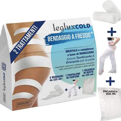 Cold draining leg bandages | 2 cryo-effect anti-cellulite bandages, soaked with 225 ml of Manilkara and Menthol complex. Slimming leg wraps with cartene trousers for FREE and REFILL