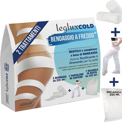 Cold draining leg bandages | 2 cryo-effect anti-cellulite bandages, soaked with 225 ml of Manilkara and Menthol complex. Slimming leg wraps with cartene trousers for FREE and REFILL
