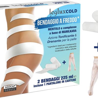 Cold draining leg bandages | 2 cryo-effect anti-cellulite bandages, soaked with 225 ml of Manilkara and Menthol complex. Firming and slimming leg wraps + FREE cartene pants