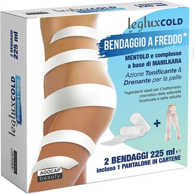 Cold draining leg bandages | 2 cryo-effect anti-cellulite bandages, soaked with 225 ml of Manilkara and Menthol complex. Firming and slimming leg wraps + FREE cartene pants