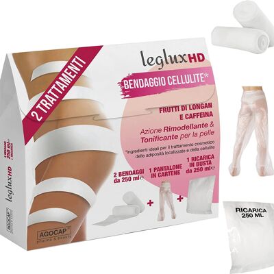 HD Leg Draining Bandages, with Longan fruits and Caffeine. Remodeling and toning action. 2 draining bandages with 250 ml of active ingredient + FREE cartene trousers + REFILL