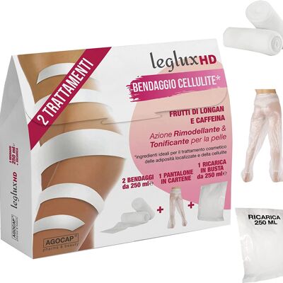HD Leg Draining Bandages, with Longan fruits and Caffeine. Remodeling and toning action. 2 draining bandages with 250 ml of active ingredient + FREE cartene trousers + REFILL