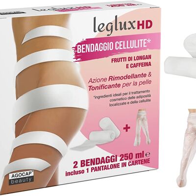 HD Leg Draining Bandages, with Longan fruits and Caffeine. Bandage treatment with remodeling and toning action. 2 draining bandages with 250 ml of active ingredient + FREE cartene trousers