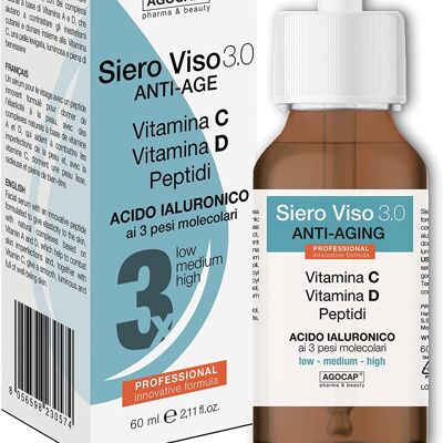 Hyaluronsäure-Gesichtsserum 3 Molekulargewichte mit den Vitaminen C und D, Kollagen und Retinol. Feuchtigkeitsspendendes und strahlendes Anti-Falten-Serum für Damen und Herren | Vitamin-C-Serum 60 ml Agocap, hergestellt in Italien