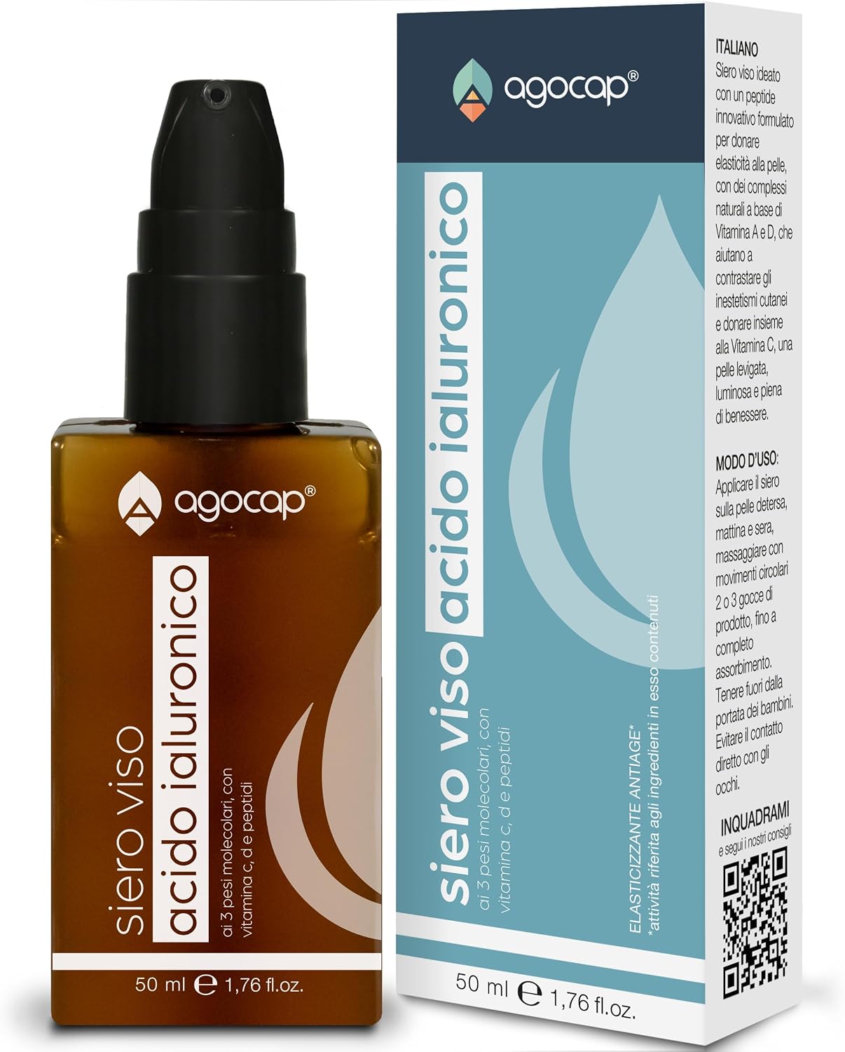 3 Molecular Weight Hyaluronic Acid Facial Serum with Vitamins C and D, Collagen and Retinol.Anti-wrinkle serum for women and men, hydrating and illuminating | Agocap Vitamin C Serum 50ml, Made in Italy