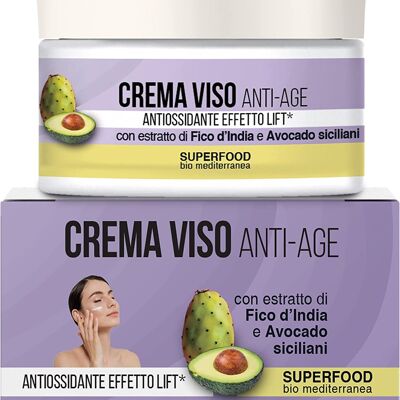 Crème Visage Anti-rides, aux extraits d'Avocat et de Figue de Barbarie de Sicile 50ml Crème anti-âge testée pour les peaux sensibles. Crème hydratante anti-âge pour le visage, le cou et le contour des yeux. Fabriqué en Italie