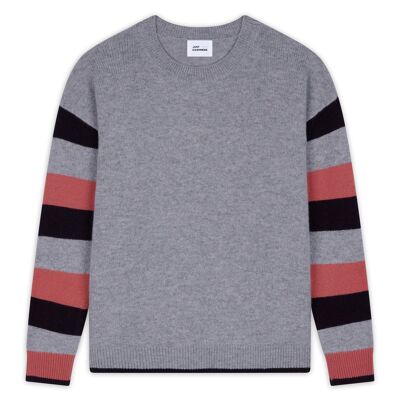 ITZAN Pull col rond - 100% cachemire 4 fils gris clair / rose