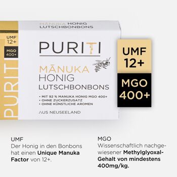PURITI Manuka Honey Lollipops MGO 400+ Carton extérieur - 6x Packs de vente au détail 2