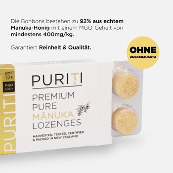 PURITI Manuka Honey Lollipops MGO 400+ Carton extérieur - 6x Packs de vente au détail 3