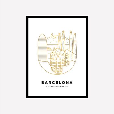 Stampa artistica di paesaggio urbano di Barcellona in oro