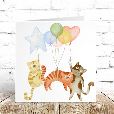 Biglietto di auguri di compleanno con più gatti a palloncino