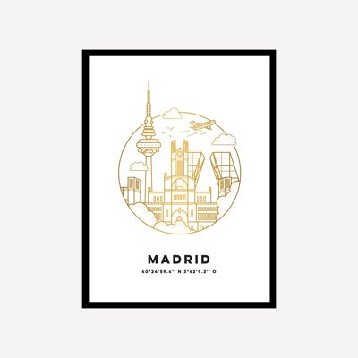 Stampa artistica di paesaggio urbano di Madrid in oro