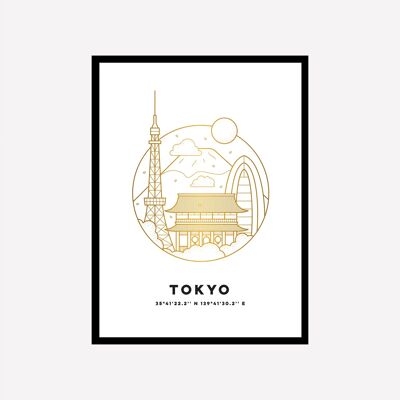 Stampa artistica del paesaggio urbano di Tokyo in oro