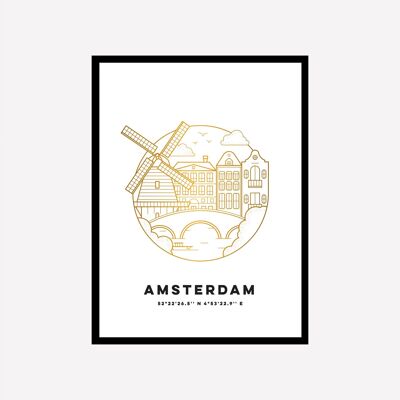 Stampa artistica di paesaggio urbano di Amsterdam oro