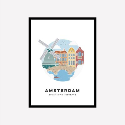 Couleur d'impression d'art de paysage urbain d'Amsterdam
