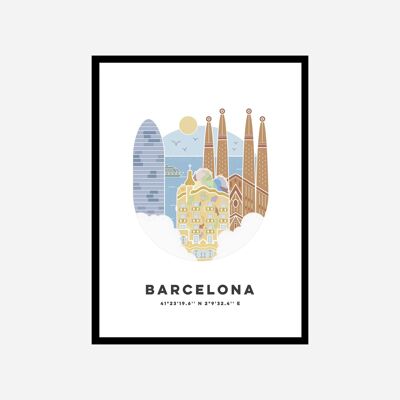 Colore della stampa artistica del paesaggio urbano di Barcellona