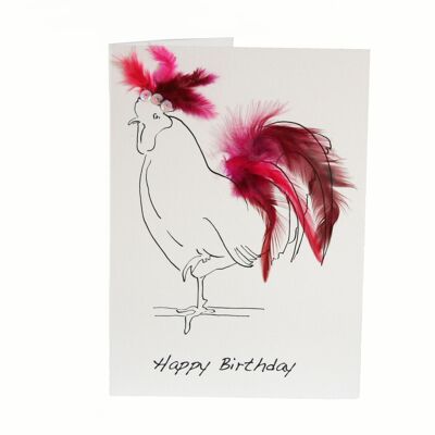 Biglietto di compleanno con vere piume di gallina rosa