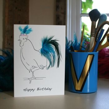Carte d'anniversaire avec de vraies plumes en bleu de poule 2