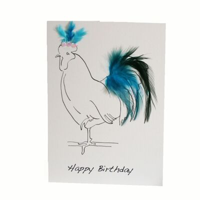 Tarjeta de cumpleaños con plumas reales en Azul de Gallina