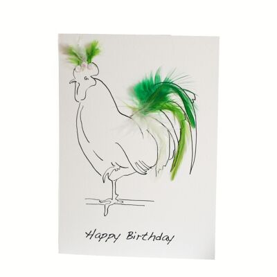 Tarjeta de cumpleaños en verde con plumas reales