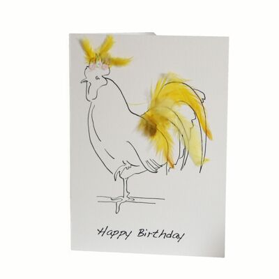 Carte d'anniversaire en jaune avec de vraies plumes de coq
