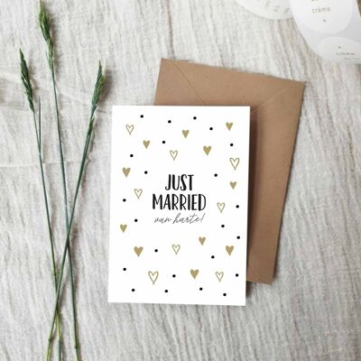 Double greeting card + envelope | Just Married | Hearts | gold foil