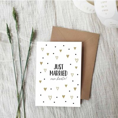 Double greeting card + envelope | Just Married | Hearts | gold foil