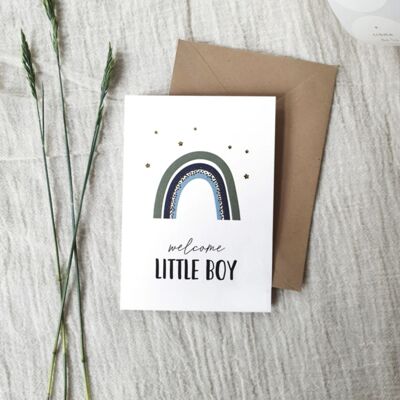 Double greeting card + envelope | Welcome little boy | gold foil